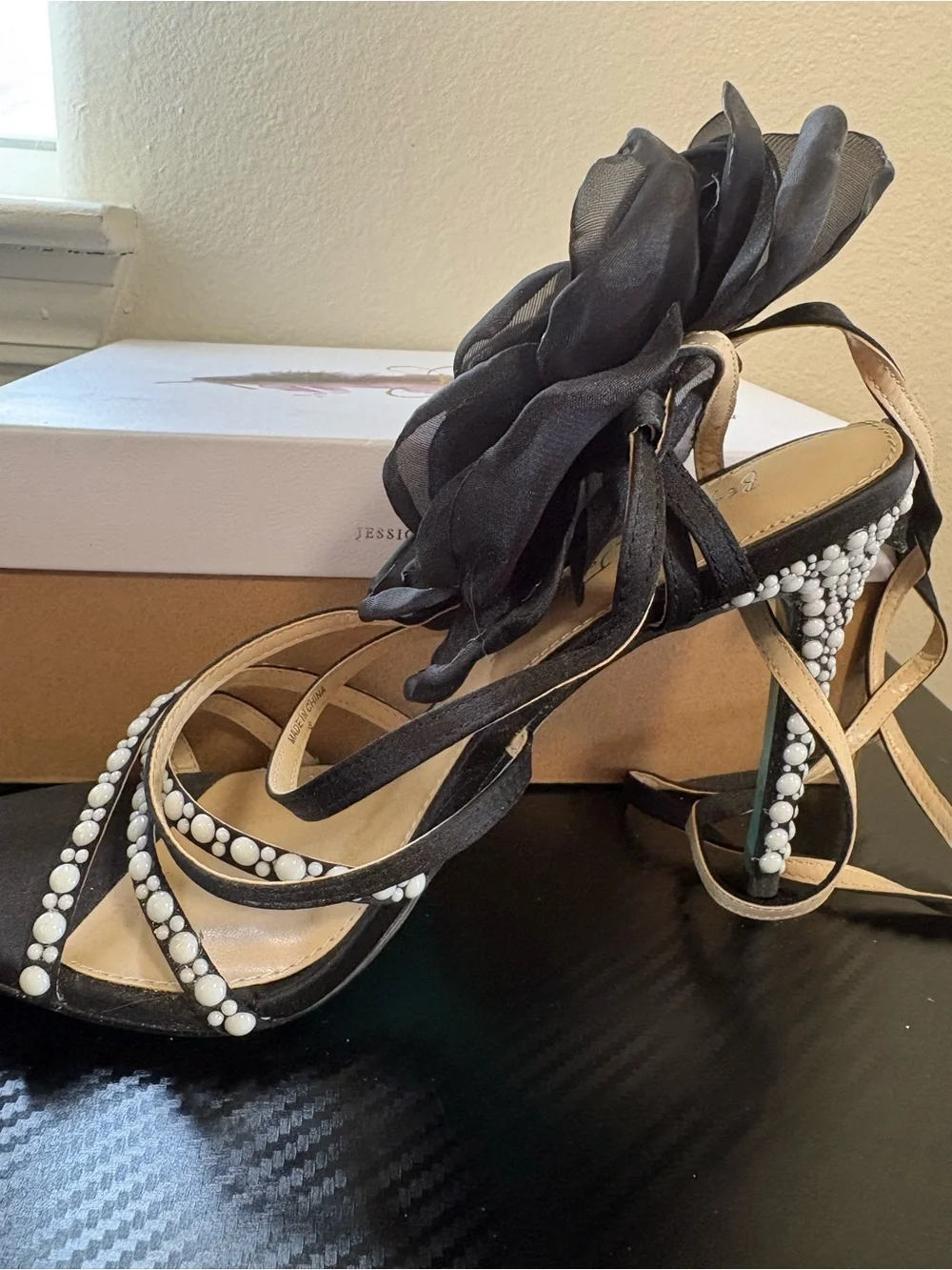 Betsey Johnson Black Floral Crystal-Strap Lace-Up Heels